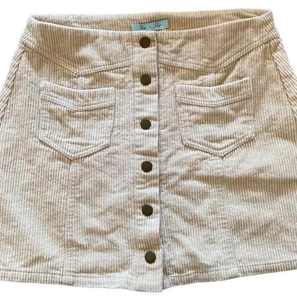 She+Sky Cute Cream Tan Snap Close Soft Corduroy Ribbed Mini Skirt w Pock… - Picture 2 of 7